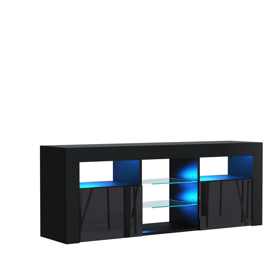 image 1 of TV Unit TV Stand Black Gloss LED Media Console Sideboard Storage Cabinet 145cm
