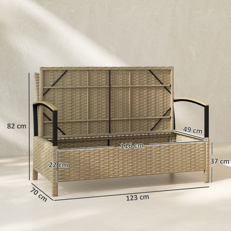 image 1 of Outsunny 125L Garden Storage Bench, 2 Seater PE Rattan Outdoor Bench | Brown | Khaki | Not provided