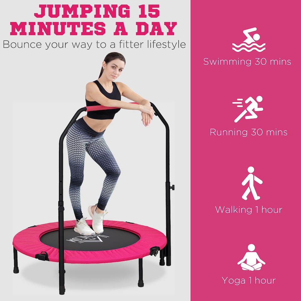image 1 of HOMCOM 40" Foldable Mini Fitness Rebounder Trampoline w/ Foam Handle, Pink