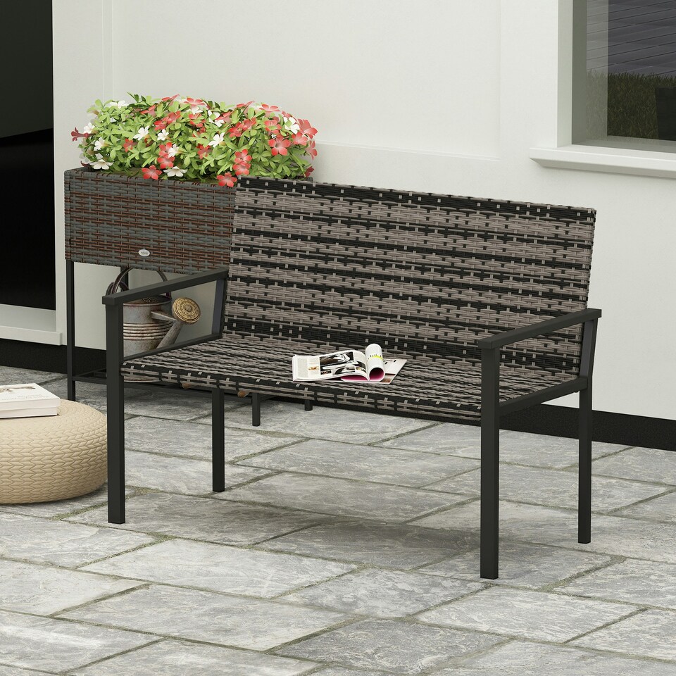 image 1 of Outsunny Rattan Garden Bench Loveseat with Quick-Drying Padding, Mixed Grey Brown | Mixed Brown