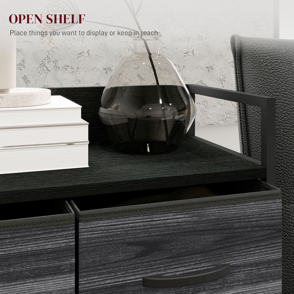 image 1 of HOMCOM Bedroom Chest of Drawers, Fabric Dresser with 4 Drawers, Storage Organiser Unit with Open Shelf and Metal Frame for Living Room, Entryway, Black | Black | Black