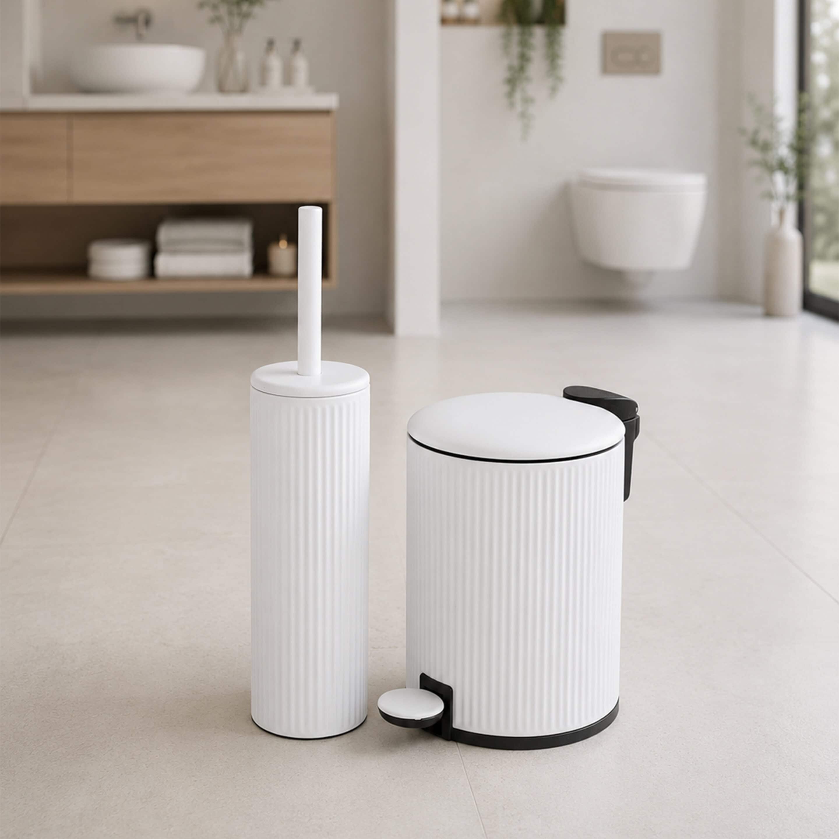 Showerdrape Alpini Round Ribbed Toilet Brush & 3L Pedal Bin in White