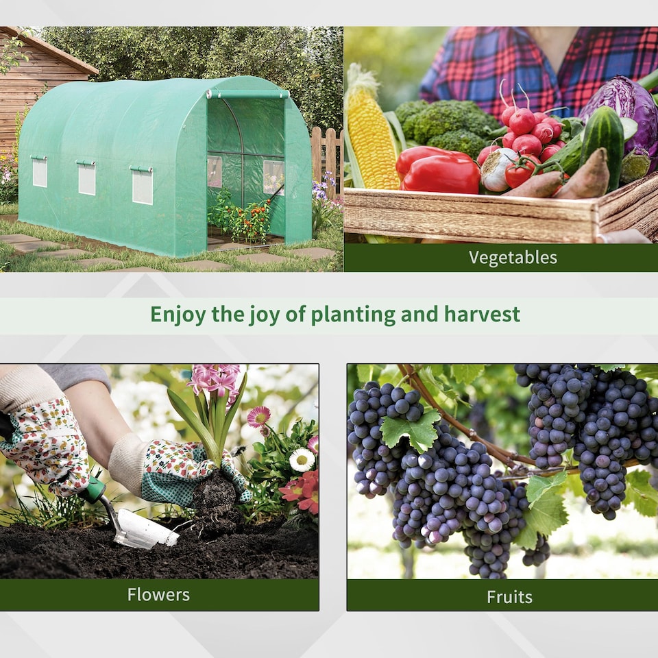 image 1 of Outsunny 4 x 2 x 2 m Polytunnel Greenhouse with Roll-up Door and 6 Windows | Green