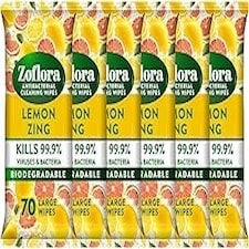 Zoflora Lemon Zing Large Biodegradeable Wipes, Antibacterial, 6x70 Wipes, Multi-Surface Disinfectant, Removes Odours & Kills 99.9% of Bacteria & Viruses