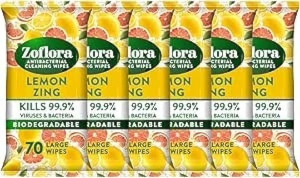 image 1 of Zoflora Lemon Zing Large Biodegradeable Wipes, Antibacterial, 6x70 Wipes, Multi-Surface Disinfectant, Removes Odours & Kills 99.9% of Bacteria & Viruses
