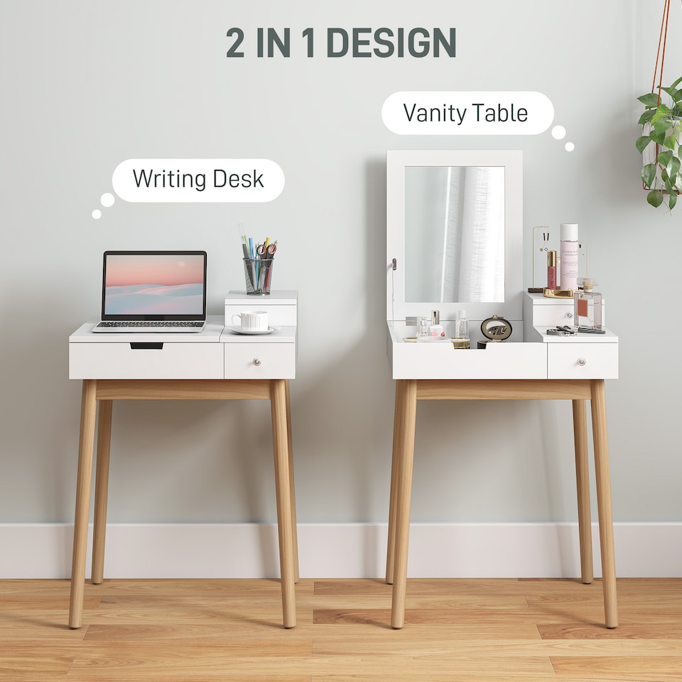 image 1 of HOMCOM Dressing Table with Flip-up Mirror, Makeup Desk with 2 Drawers and Pine Wood Legs, Vanity Table Writing Desk for Bedroom Living Room, White