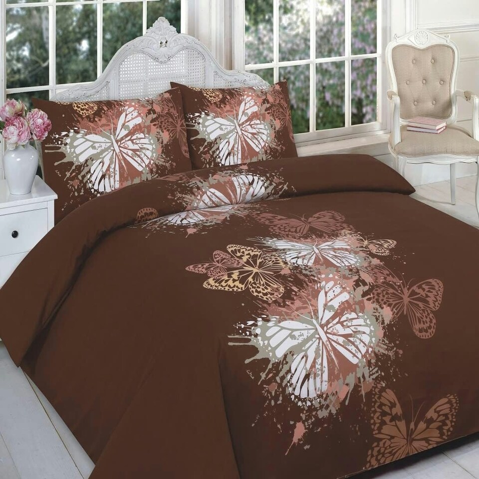 Homes-Linen Elegant Reversible Butterfly Print Bedding Set with Pillowcases Brown | King