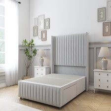 Sloomy Marlborough Silver Plush Divan Bed Base No Drawers With 54 Inch Wingback Headboard & 12 Inch Matching Footboard | Silver | Silver | Super King | 1