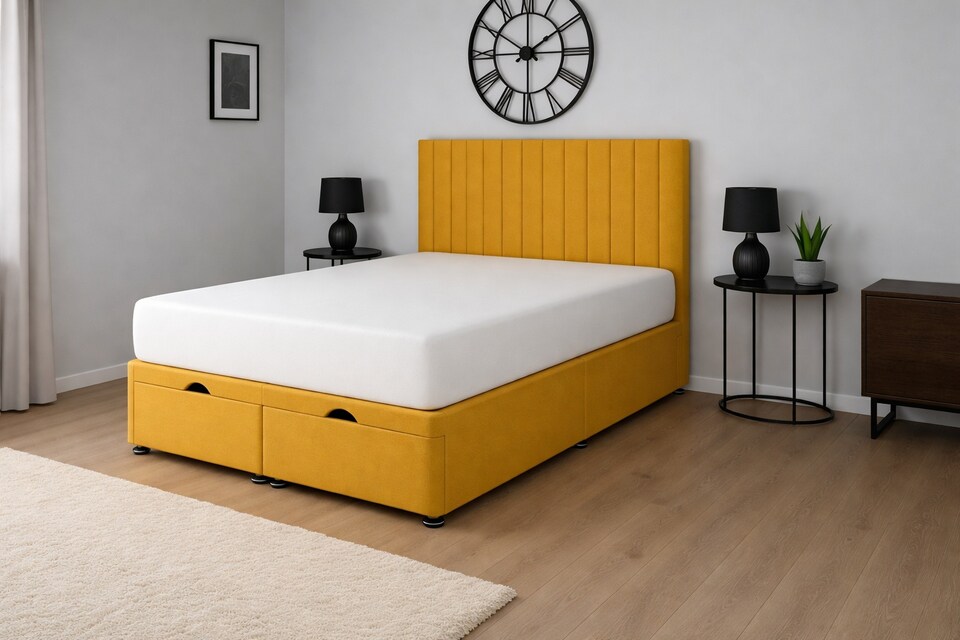 image 1 of Ottoman Lift Up Mustard Apollo Plush Velvet Superking 6ft Bed Set With Headboard and Mattress