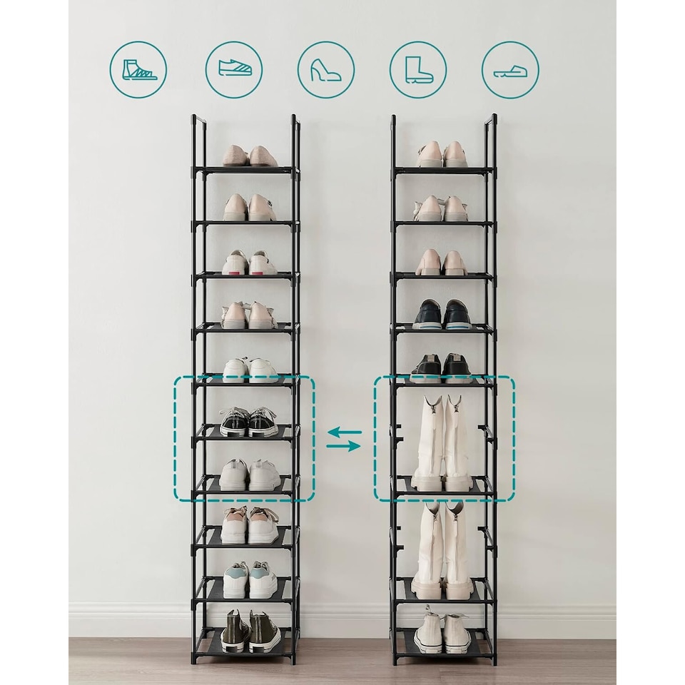 image 1 of 10-Tier Shoe Tower, Compact Storage Rack with Fabric Shelves and Metal Frame, Black