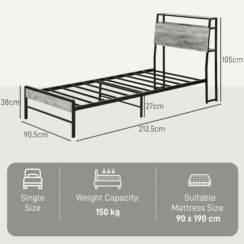 image 1 of HOMCOM LED Single Bed Frame with Charging Station, 90 x 190cm, Cement Grey