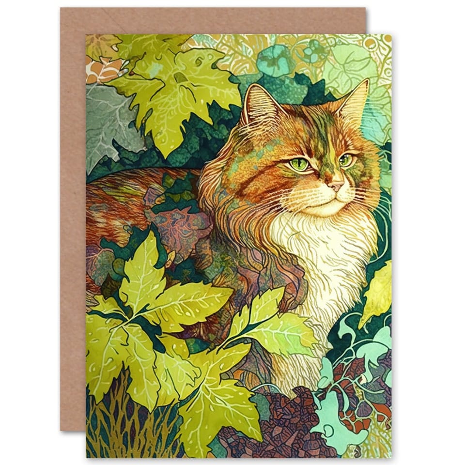 image 1 of Cat Lover Pet Hiding in Bush Tree Colourful Design Greeting Card