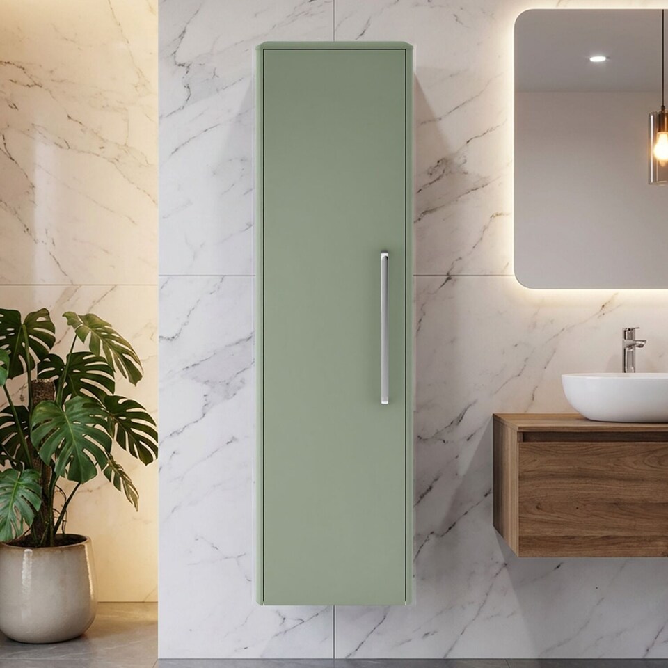 image 1 of Balterley Contemporary Bathroom Wall Hung Single Soft Close Door Tall Storage Unit with 2 Shelves, Fern Green, 1200 x 350 x 250mm