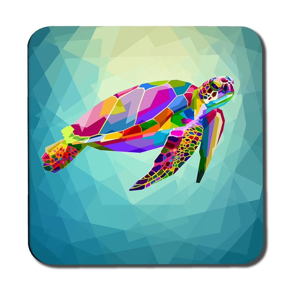 image 1 of colorful turtle floating underwater in the geometric blue water ocean (Coaster)