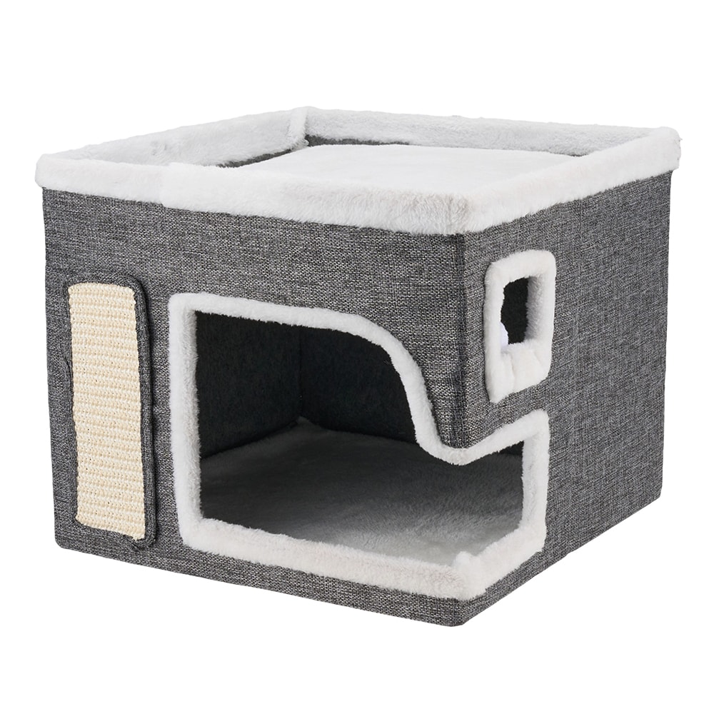 Living and Home Double-Tier Foldable Cat House with Scratch Pad and Fluffy Ball