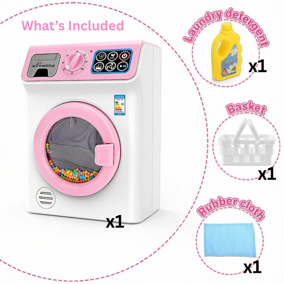 image 1 of Kids Washing Machine Toy with Lights, Sounds & Spinning Drum – Pretend Play Laundry Set with Detergent Bottle, Basket & Accessories, Educational Gift Ages 3+ (pink)