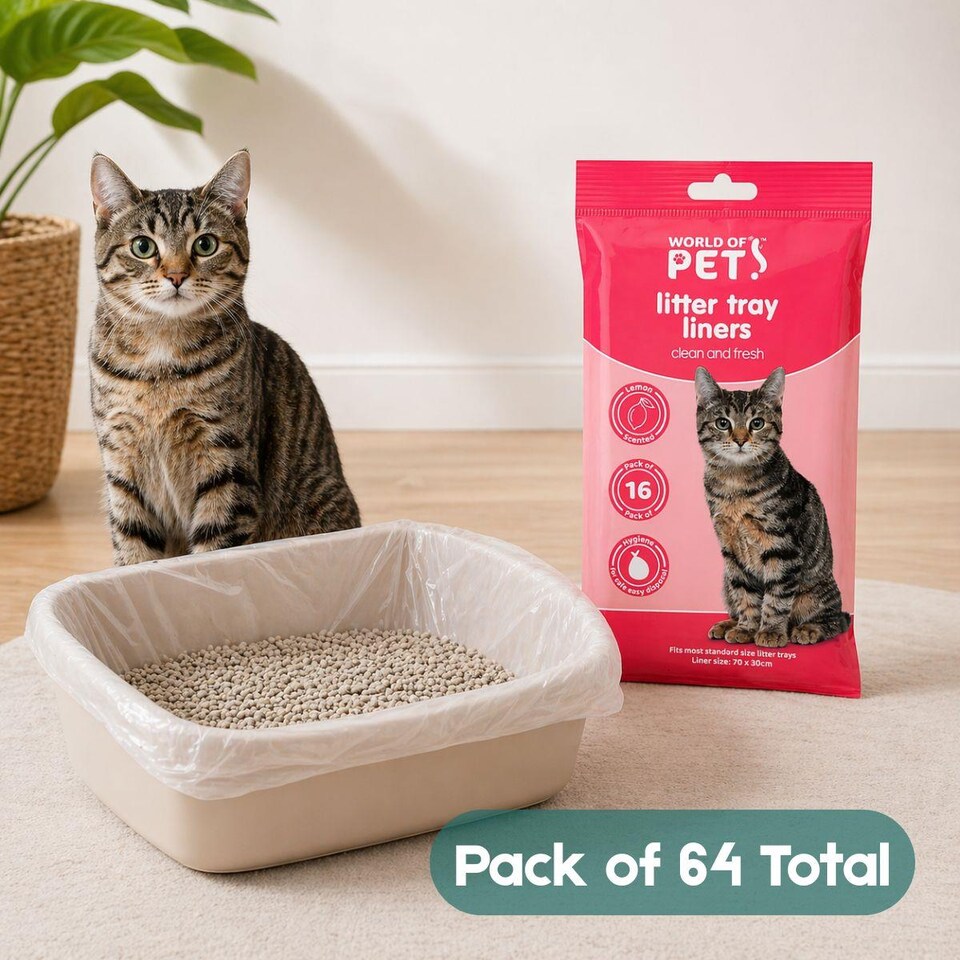 image 1 of Set of 64 Cat Litter Tray Liners Disposable Waste Bags 30cm x 70cm Lemon Scented