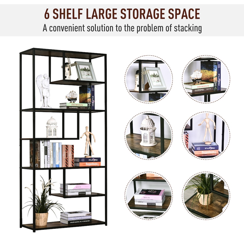 image 1 of HOMCOM 6 Tier Bookcase, Industrial Tall Shelf Unit with Steel Frame for Home Office, Study, Living Room, Hallway, 82 x 33.5 x 175 cm, Rustic Brown and Black