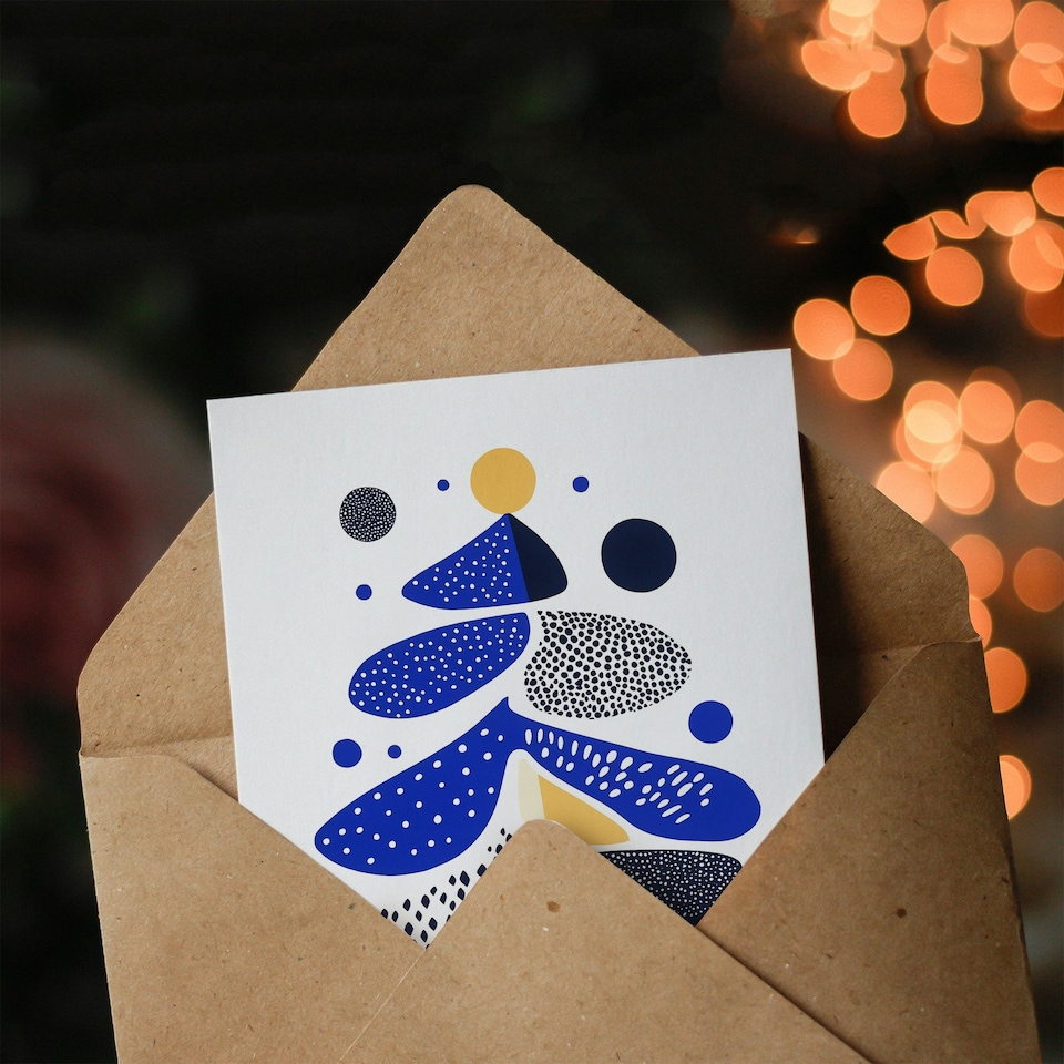 image 1 of Modern Abstract Tree Shapes Blue Yellow Xmas Art Blank Christmas Card