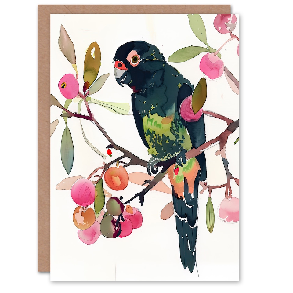 image 1 of Greeting Card Parrot Perched on Fruit Tree Branch Watercolour Birthday