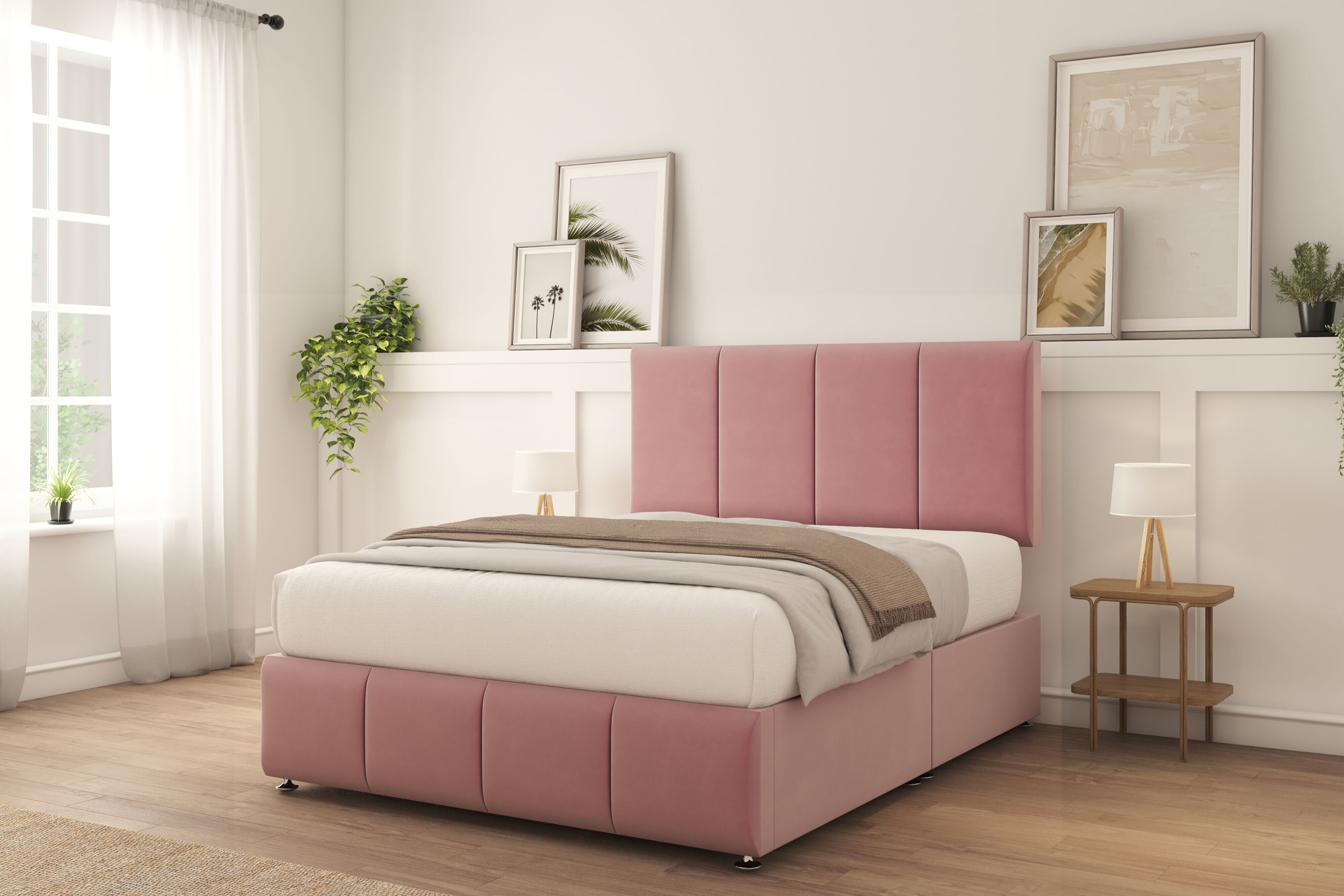 Sloomy Lisbon Pink Plush Divan Bed With Mattress No Drawers 26" Strutted Headboard & 12" Footboard 4'6 Double