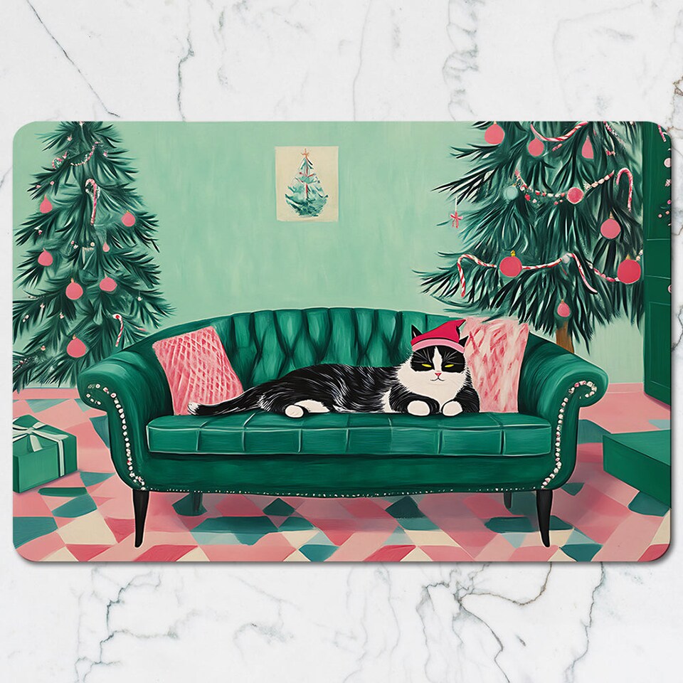 image 1 of Christmas Cat Sofa Placemat and Coaster Set With Festive Trees