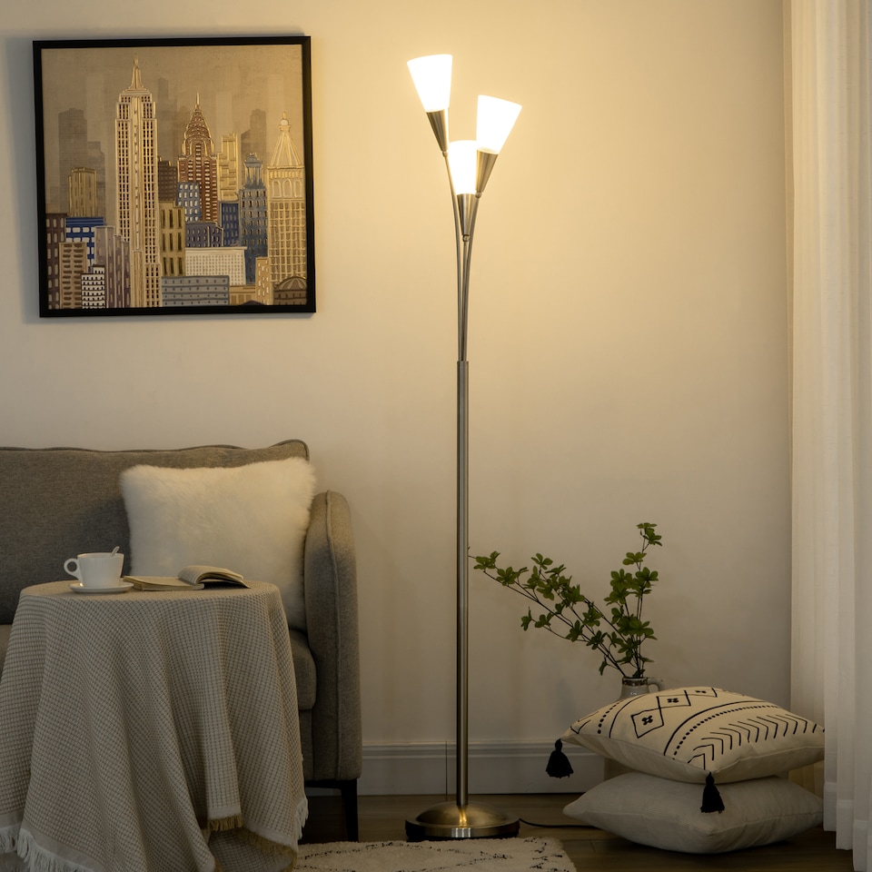 image 1 of HOMCOM 3Light Upright Floor Lamps for Living Room, Modern Standing Lamp for Bedroom with Steel Base, Bulb not Included, Silver