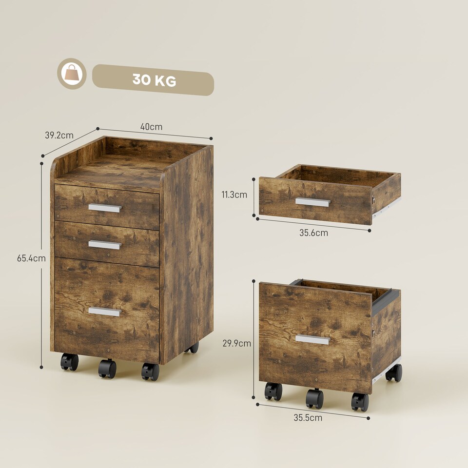image 1 of HOMCOM Mobile Filing Cabinet, File Cabinet with 3 Drawers, Rustic Brown