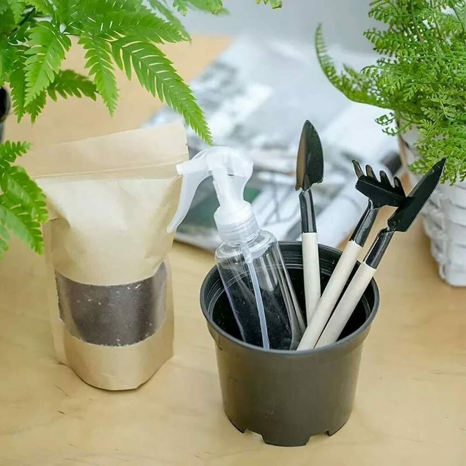 image 1 of 3 Piece Mini Gardening Tool Set | Metal Hand Rake Trowel and Shovel with Wooden Handles