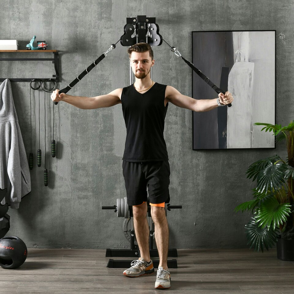 image 1 of SPORTNOW Wall Mount Cable Station with 15 Positions Adjustable Dual Pulleys