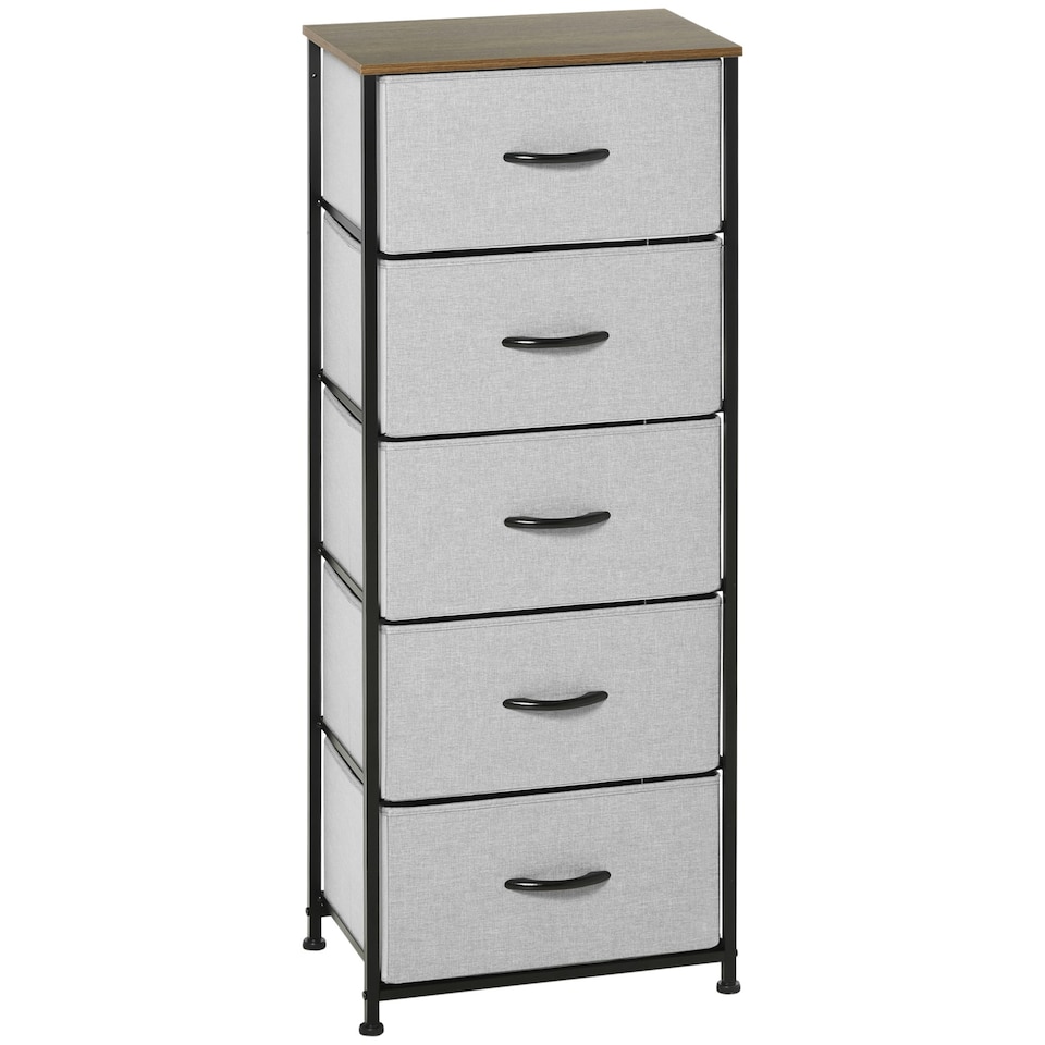 image 1 of HOMCOM Fabric Chest of Drawers, Industrial Bedroom Dresser with 5 Fabric Drawers, Steel Frame and Wooden Top for Nursery, Living Room, Hallway, Grey
