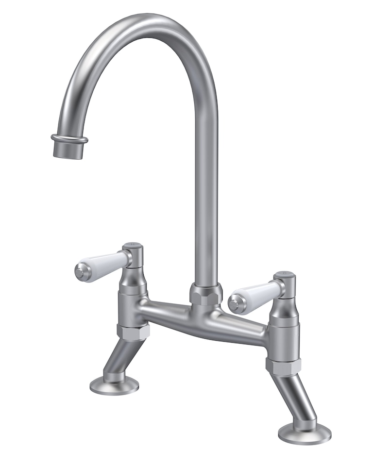 image 1 of Traditional Kitchen Bridge Sink Mixer Tap - Brushed Nickel White Lever | Silver | Brushed Nickel | 1