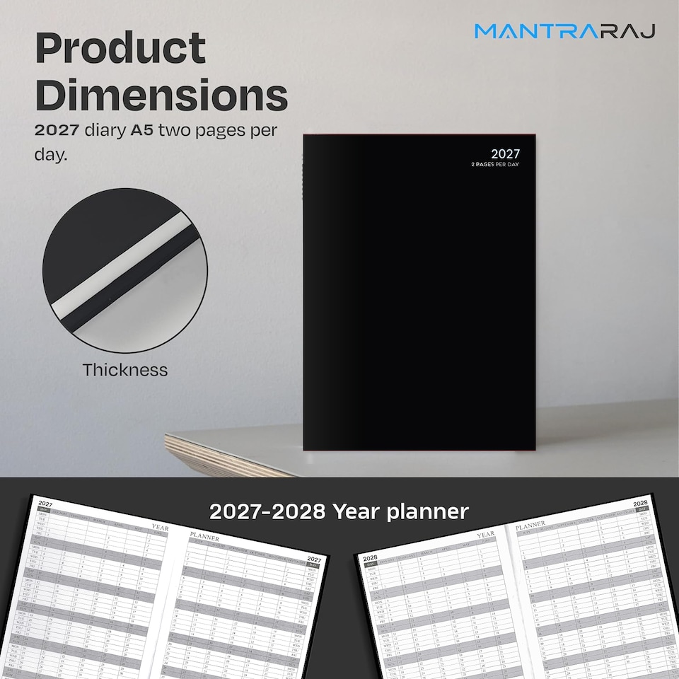 image 1 of MantraRaj 2027 Diary A5 2 Pages A Day Diary Hardback Year Planner Office Desk Diary (Black)