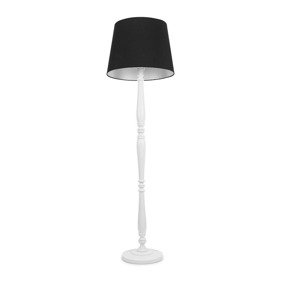 image 1 of ValueLights Victoria White Wood Traditional Stem Floor Lamp with Black Fabric Tapered Shade and LED Bulb