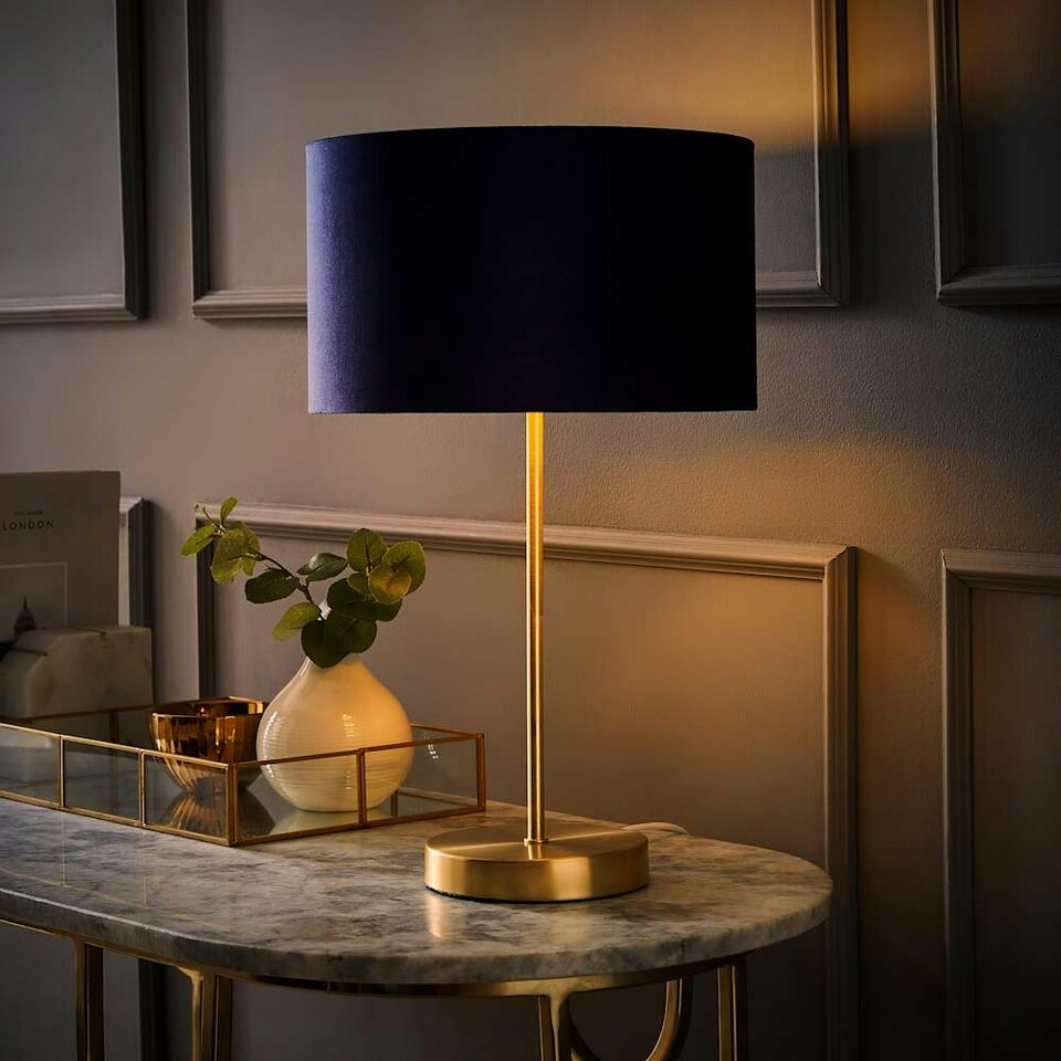 image 1 of ValueLights Charlie Gold Table Lamp Navy Velvet Gold Inner Shade Blue