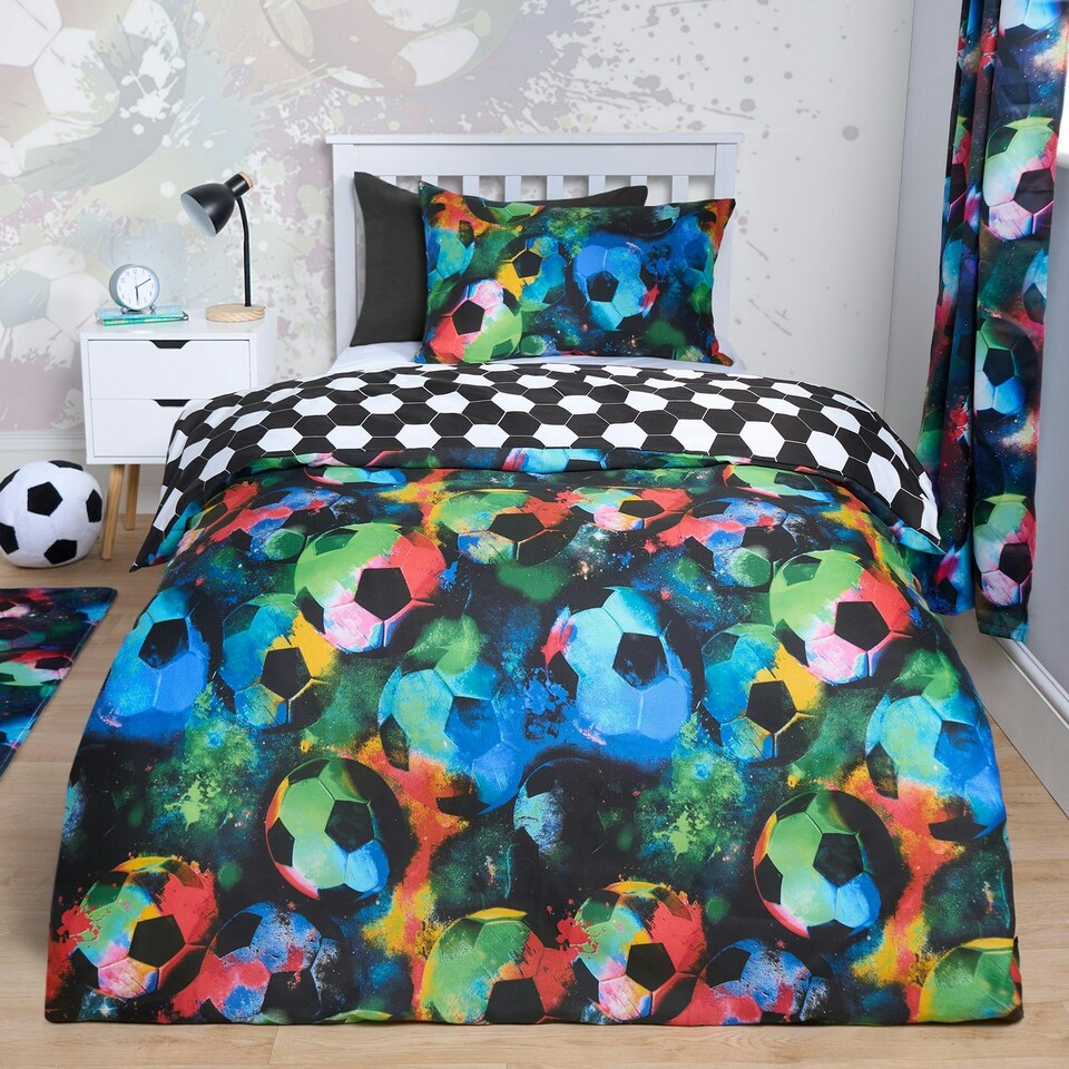 image 1 of OHS Kids Graphic Football Reversible Duvet Cover and Pillowcase Bedding Set Multi | Neon Multi | Double