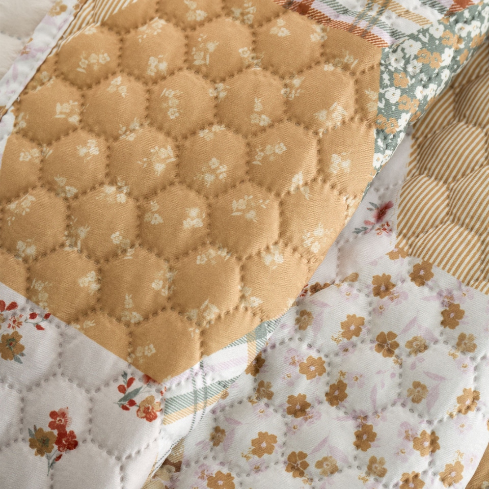 image 1 of Catherine Lansfield Floral Patchwork Quilted Bedspread | Cream | Natural | One Size