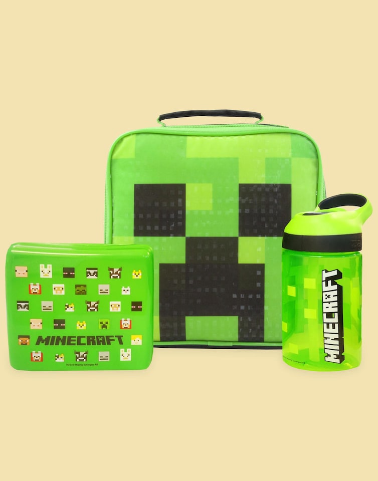 image 1 of Minecraft Lunch Box Set for Boys | Kids Creeper Face School Lunch Bag, Water Bottle & Snack Pot | Children's Gamer Merchandise One Size