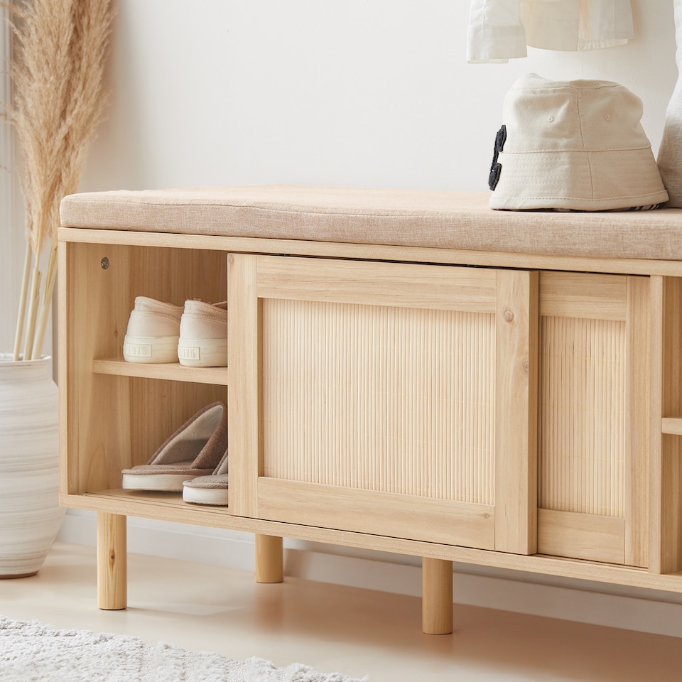 image 1 of SoBuy Wooden Shoe Storage Bench with Seat Cushion, Natural, 47.6x13.8x19.3 in, 20.6 kg - FSR163-N