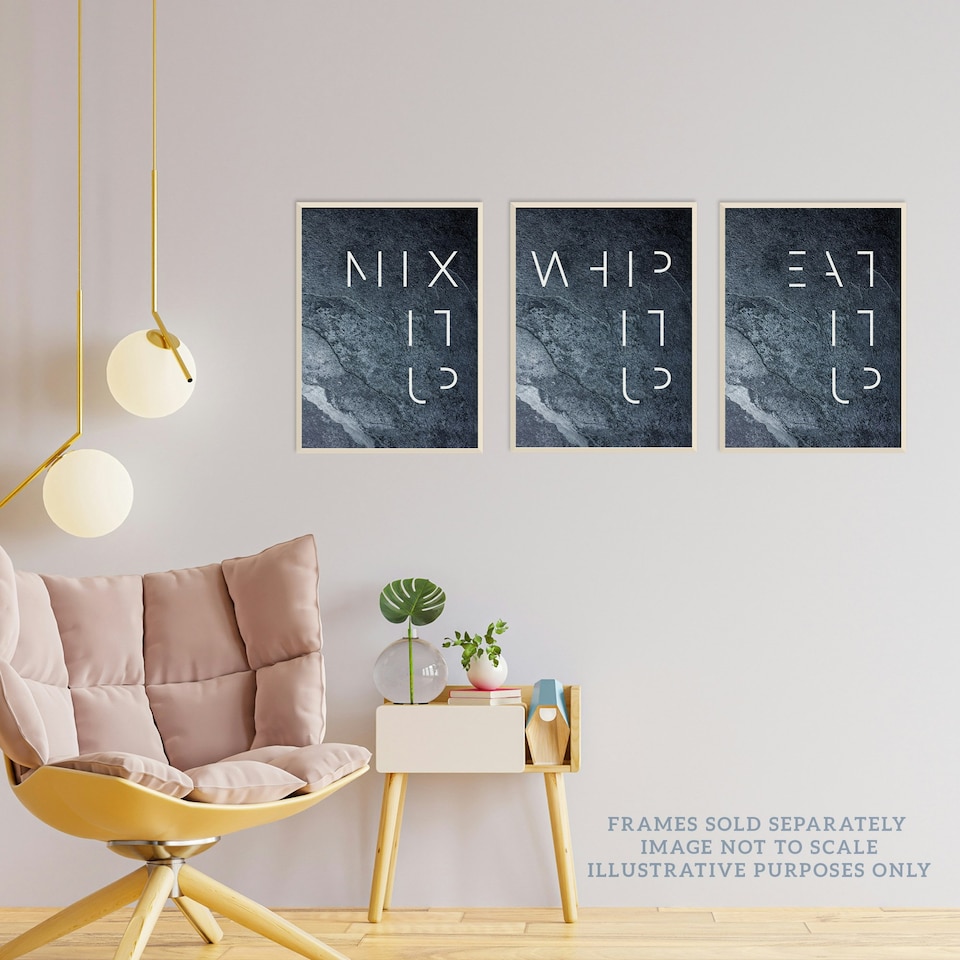image 1 of Set of 3 Whip Mix Eat It Up Grey Slate Kitchen Quote Minimal Wall Art Print A4