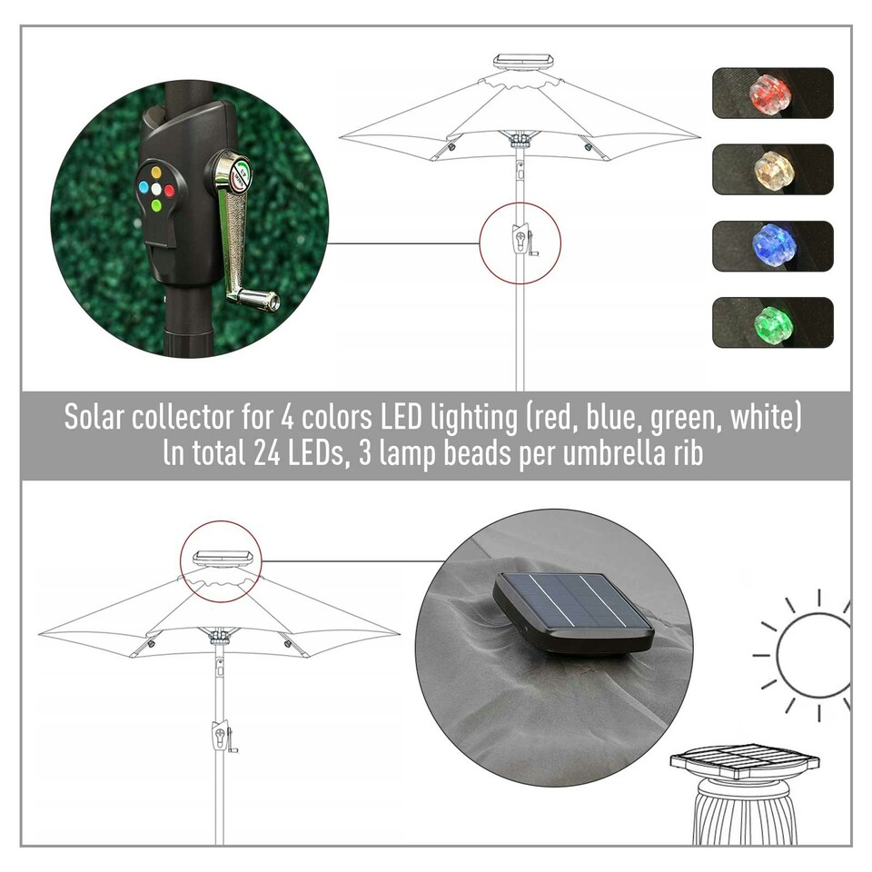 image 1 of Outsunny Garden Parasol Outdoor Tilt Sun Umbrella LED Light Grey