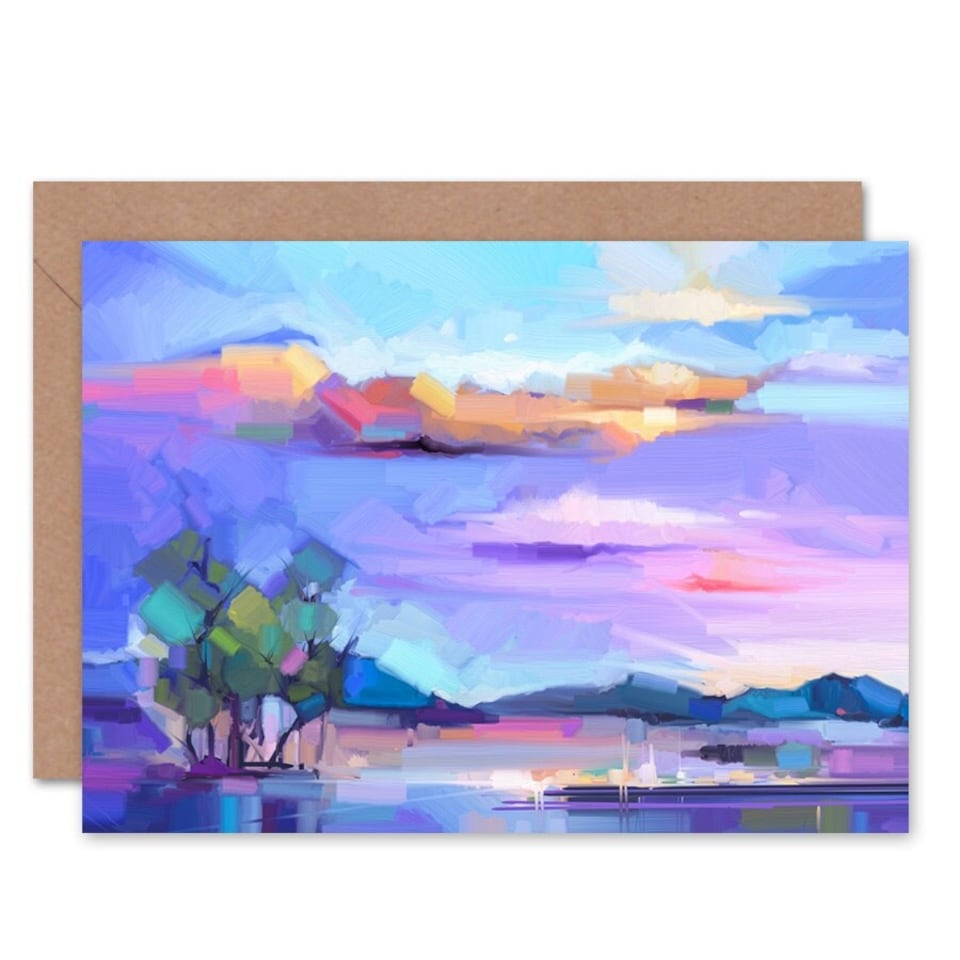 image 1 of Abstract Sunset Sky Lake Tree Landscape Art Card