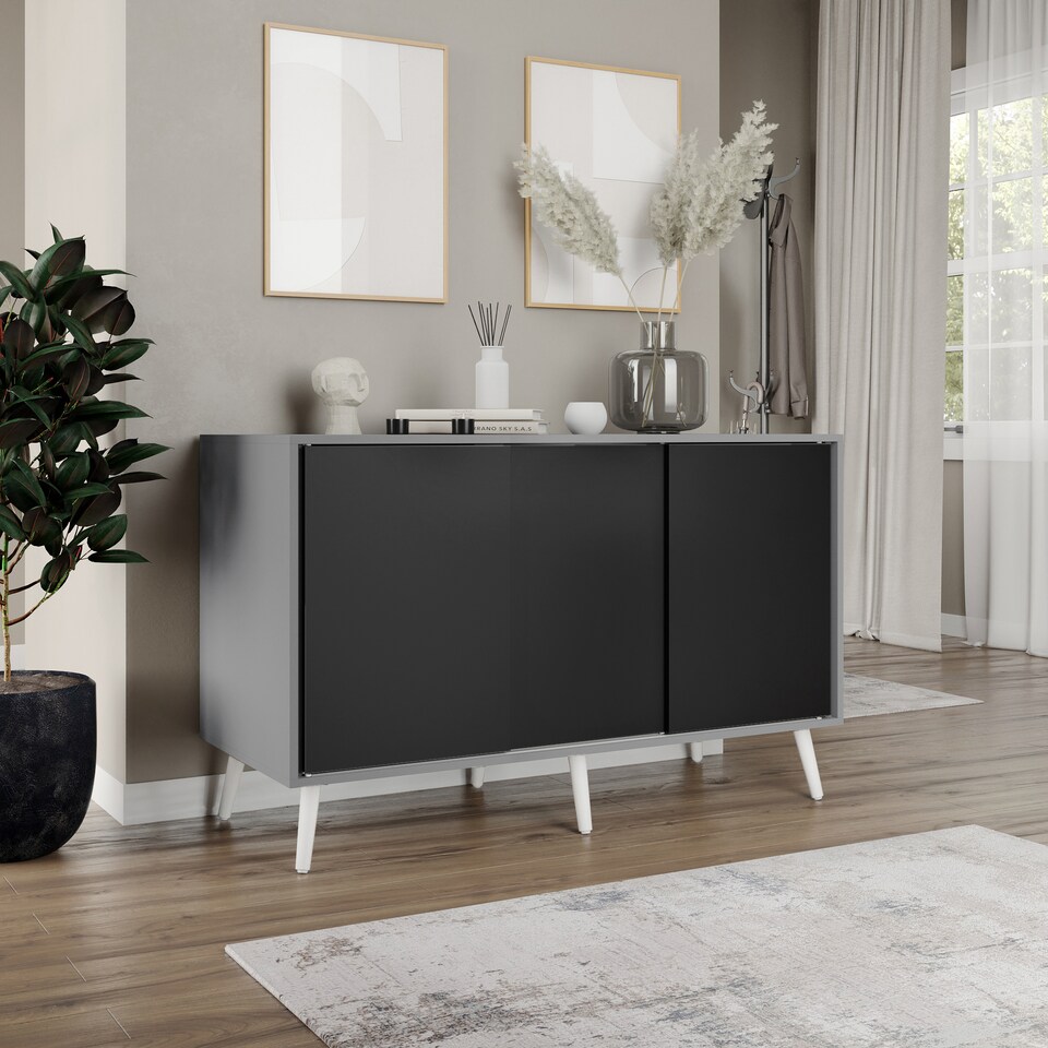 image 1 of URBNLIVING Grey Carcass 3 Door Sliding Storage Cabinet | Multi | Black Doors & White Legs | 1