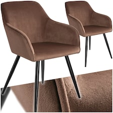 Dining Chair Marilyn - with armrests, padded, velvet look, black steel legs - Set of 2 Brown | Brown/Black