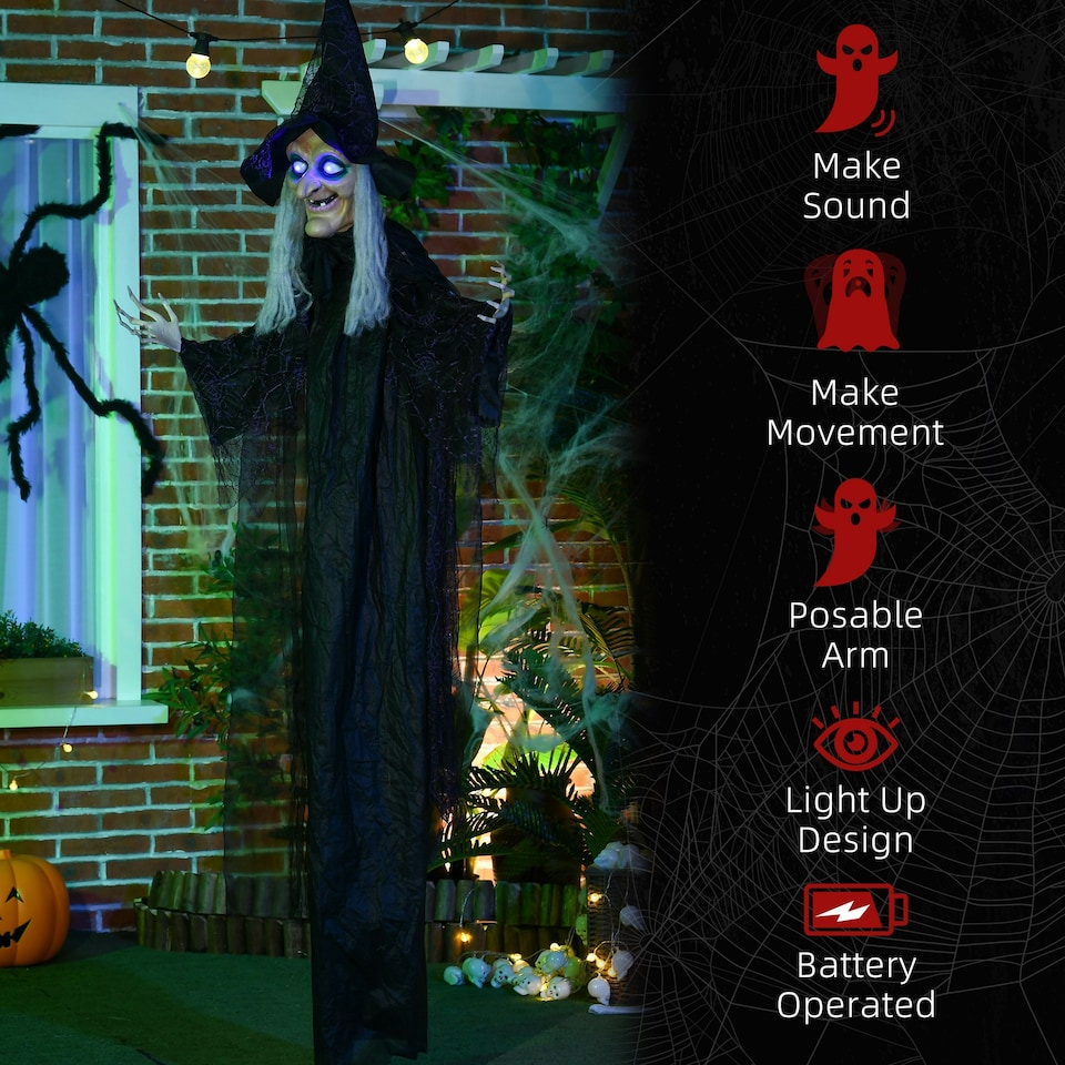 image 1 of HOMCOM Hanging Witch Prop Life Size with Light Up Eyes, Talking Sound