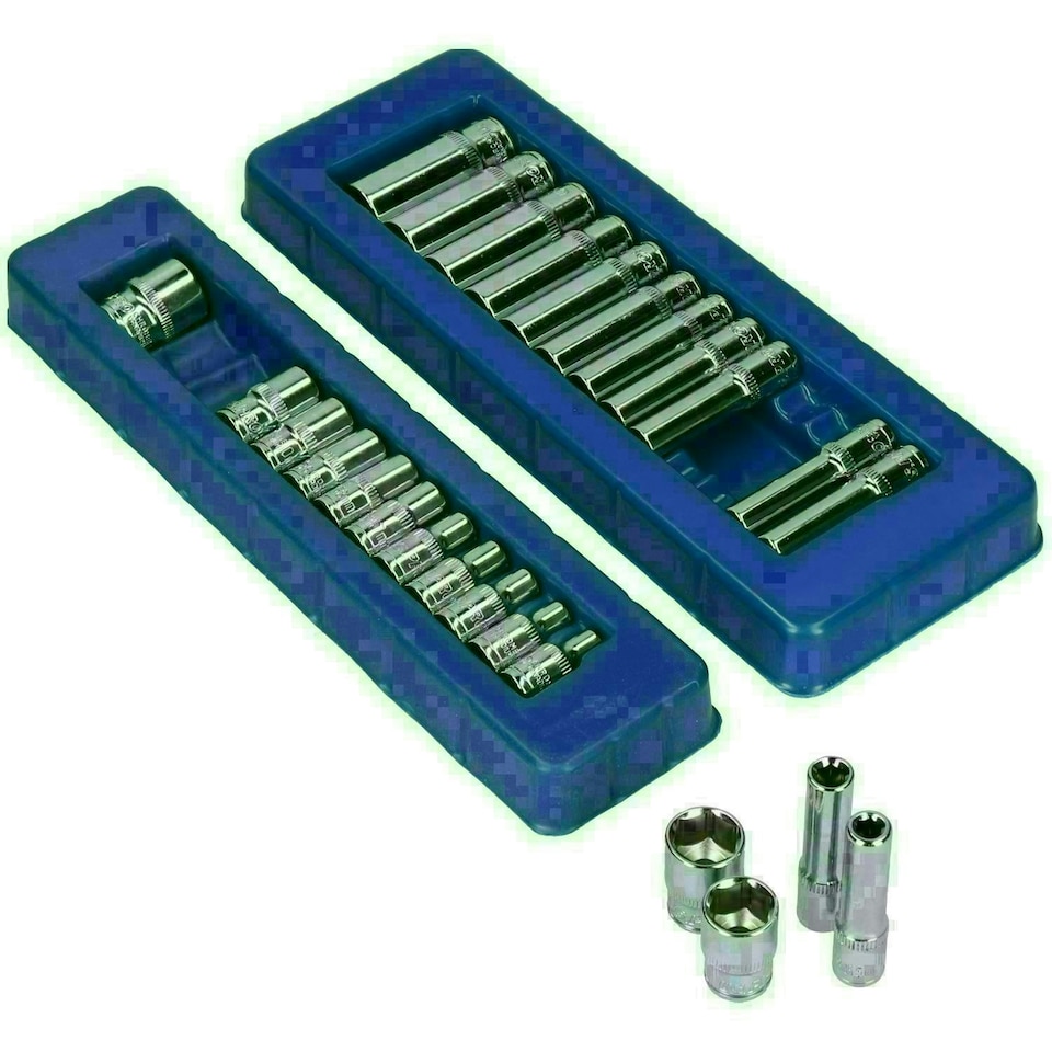 image 1 of 1/4" Drive Metric 6 Sided Sockets Shallow + Deep Extensions + Ratchet 32pc