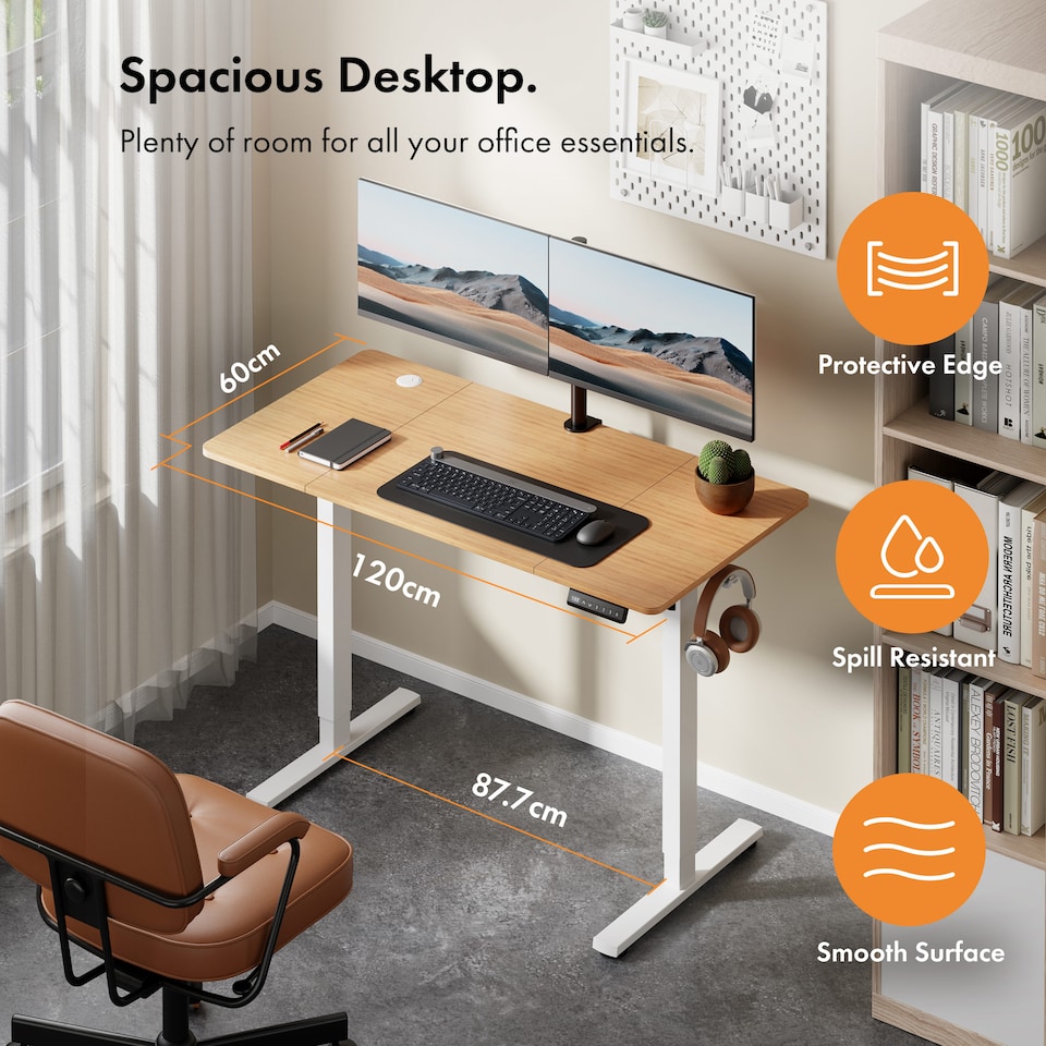 image 1 of Vonhaus Light Wood Maple Effect Electric Standing Desk 120x60cm