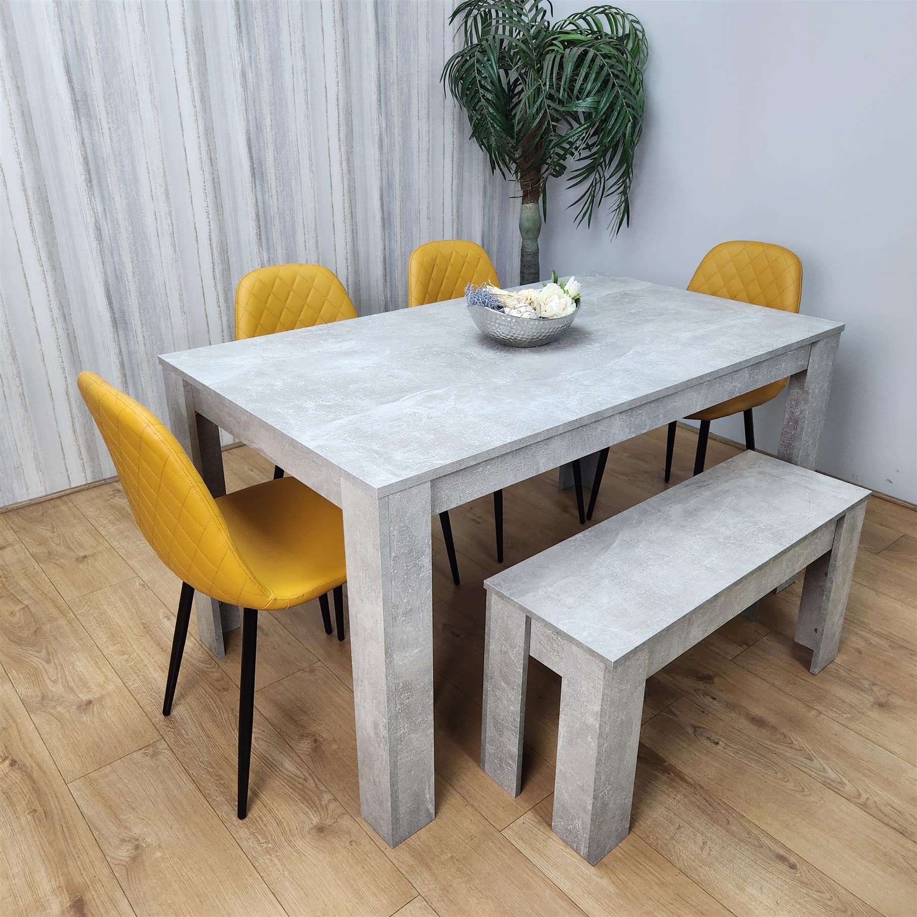 Wooden Rectangle Dining Table Set With 4 Mustard Chairs And Wooden Bench Dining Furniture Set