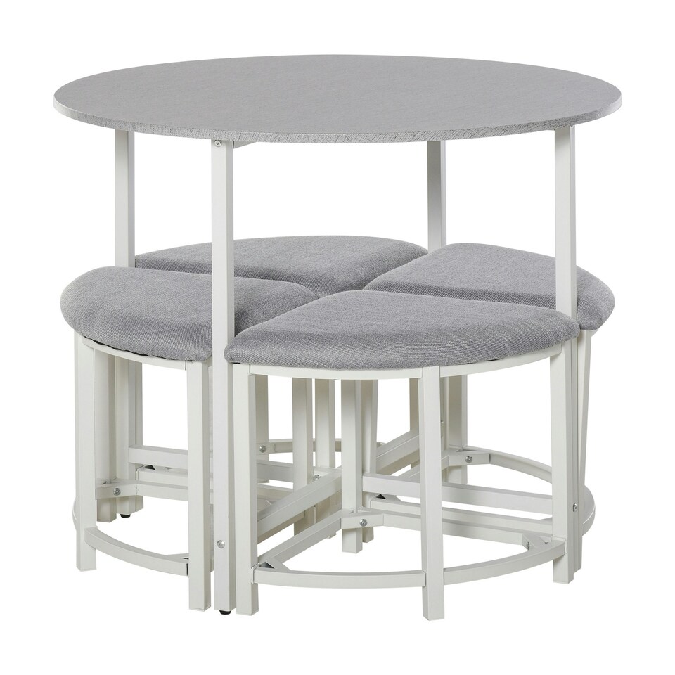 image 1 of HOMCOM Modern Round Dining Table Set with 4 Upholstered Stools, Dining