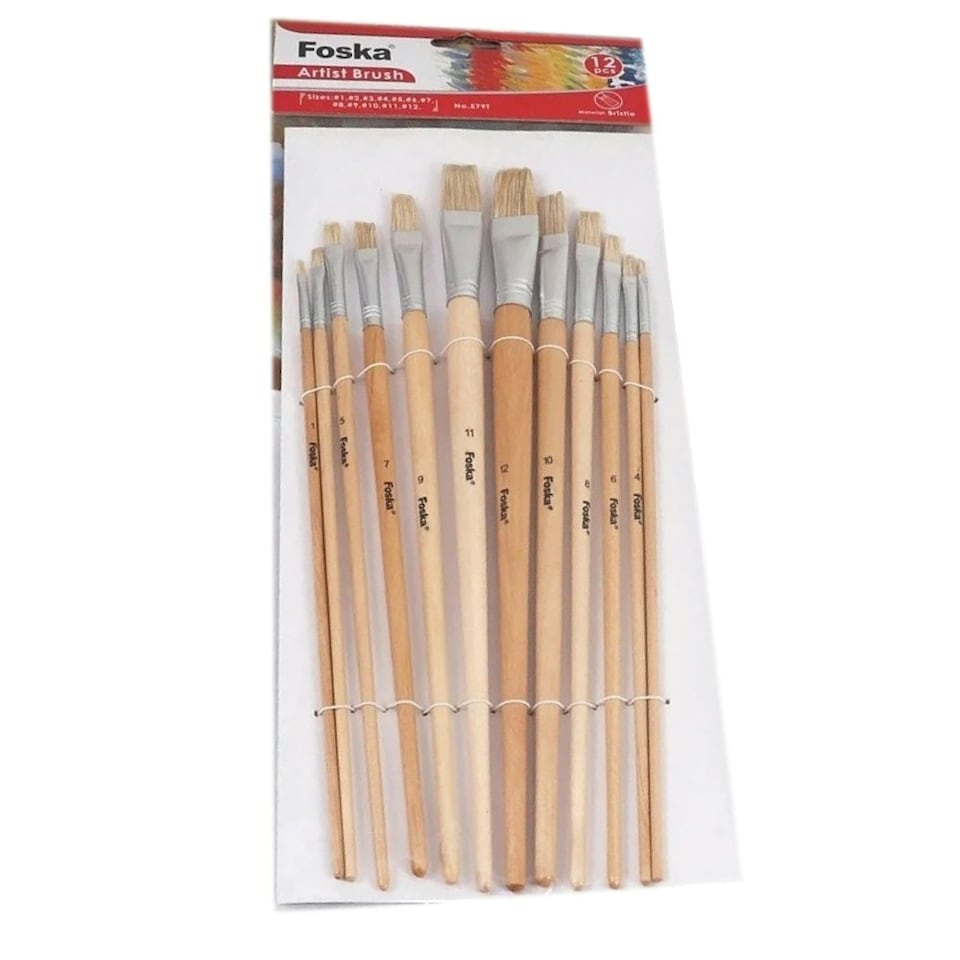 image 1 of Pack of 12 Assorted Size Wooden Handle Bristle Hair Artist Paint Brush Set